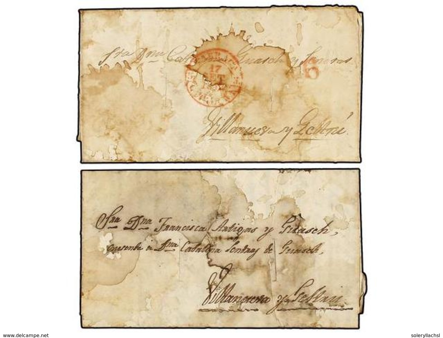 URUGUAY. 1840-42. Dos Cartas DESINFECTADAS Con Vinagre Circuladas De MONTEVIDEO A VILLANUEVA Y LA GELTRU. Circuladas Fue - Andere & Zonder Classificatie