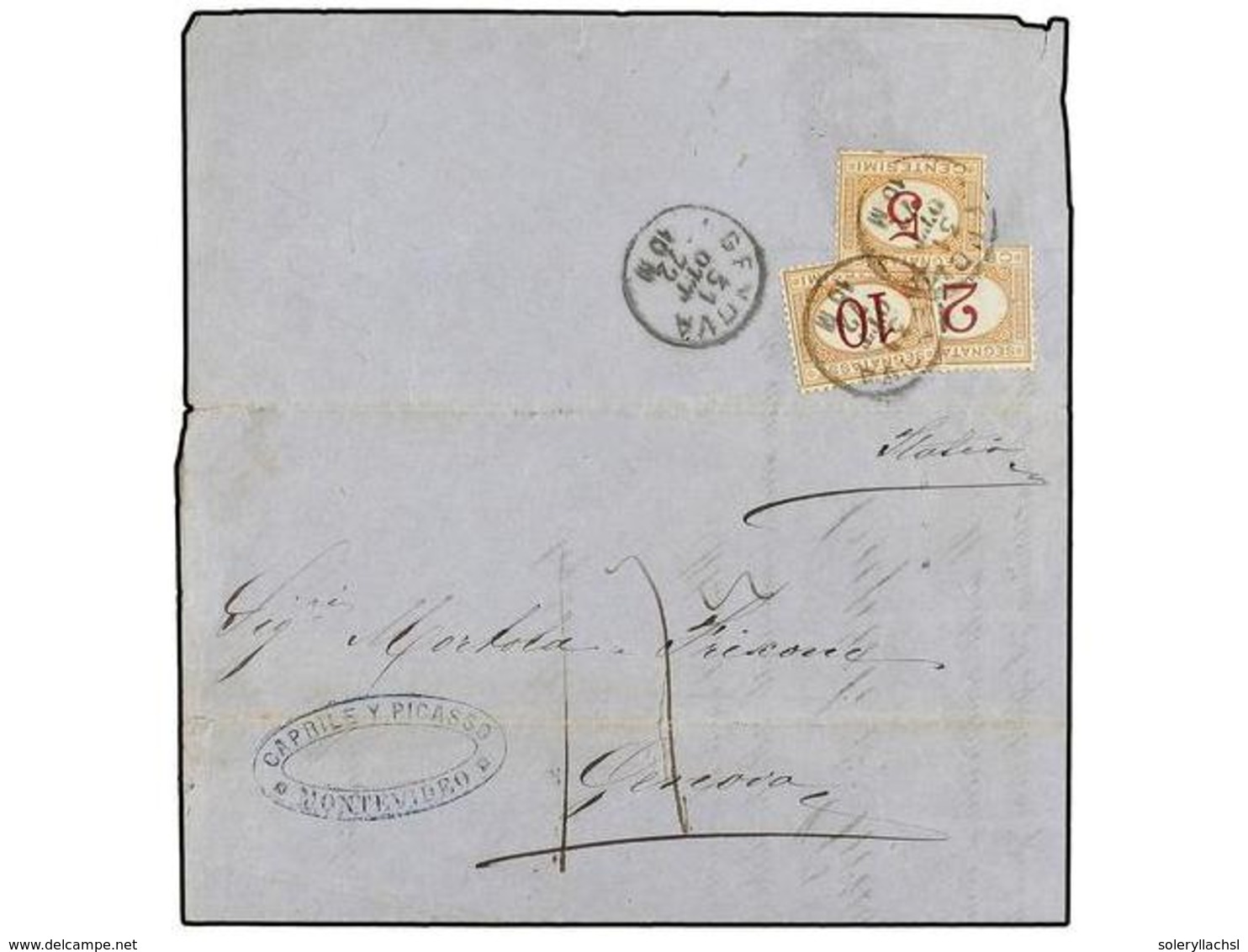 URUGUAY. 1872. MONTEVIDEO A GÉNOVA. Impreso Circulado Por Buque Francés. A La Llegada Tasada Con Sellos Italianos De 2 C - Other & Unclassified