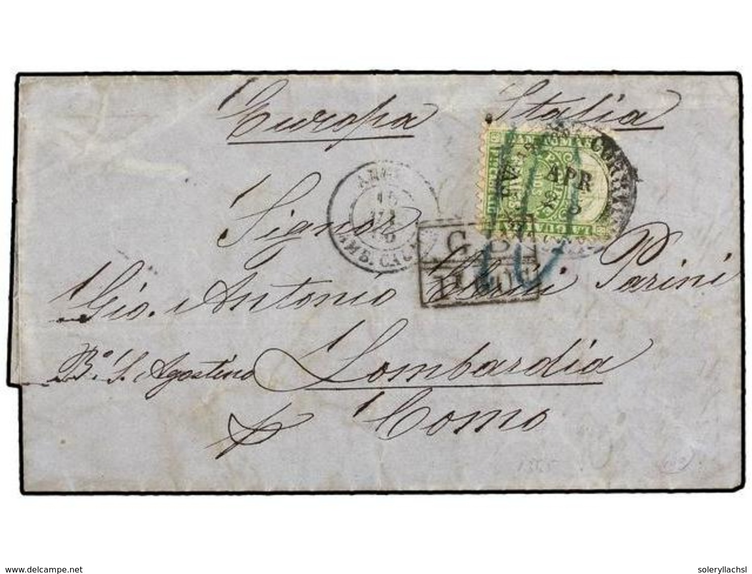 VENEZUELA. 1866. LA GUAYRA A COMO (Italia). Carta Completa Circulada Con Sello De 2 Reales Verde Del Correo Entre St. Th - Sonstige & Ohne Zuordnung