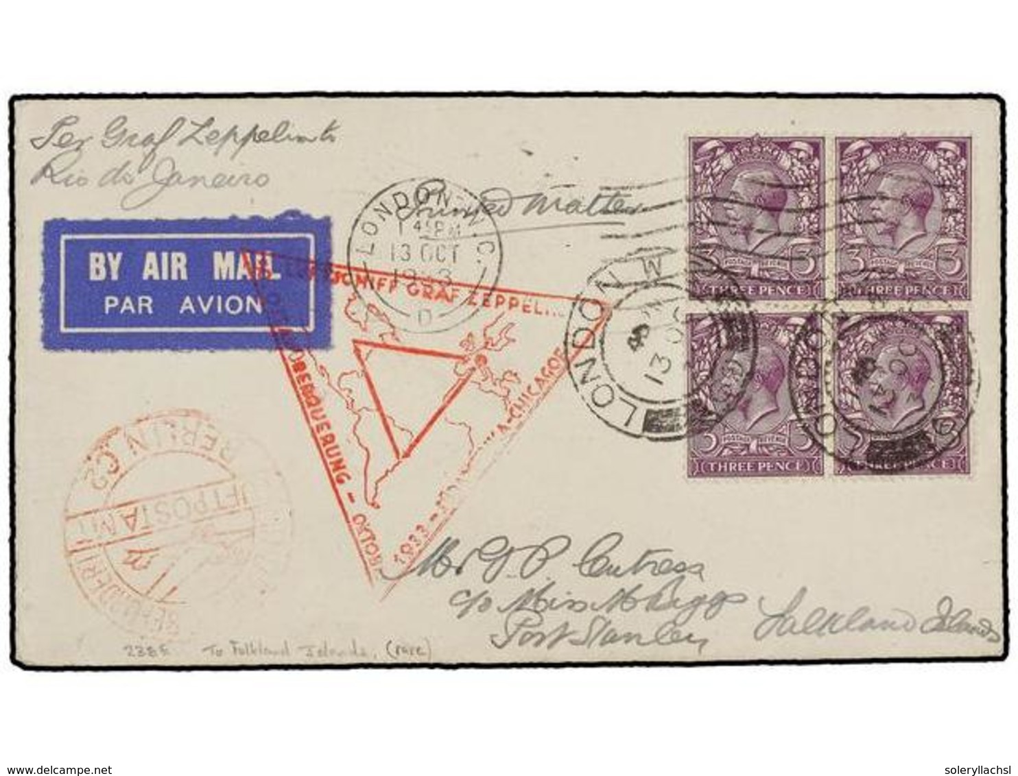 ZEPPELIN. 1933. FALKLAND ISLANDS. LONDON To PORT STANLEY (Falkland). Endorsed 'Per Graf Zeppelin To Rio De Janeiro' And  - Autres & Non Classés