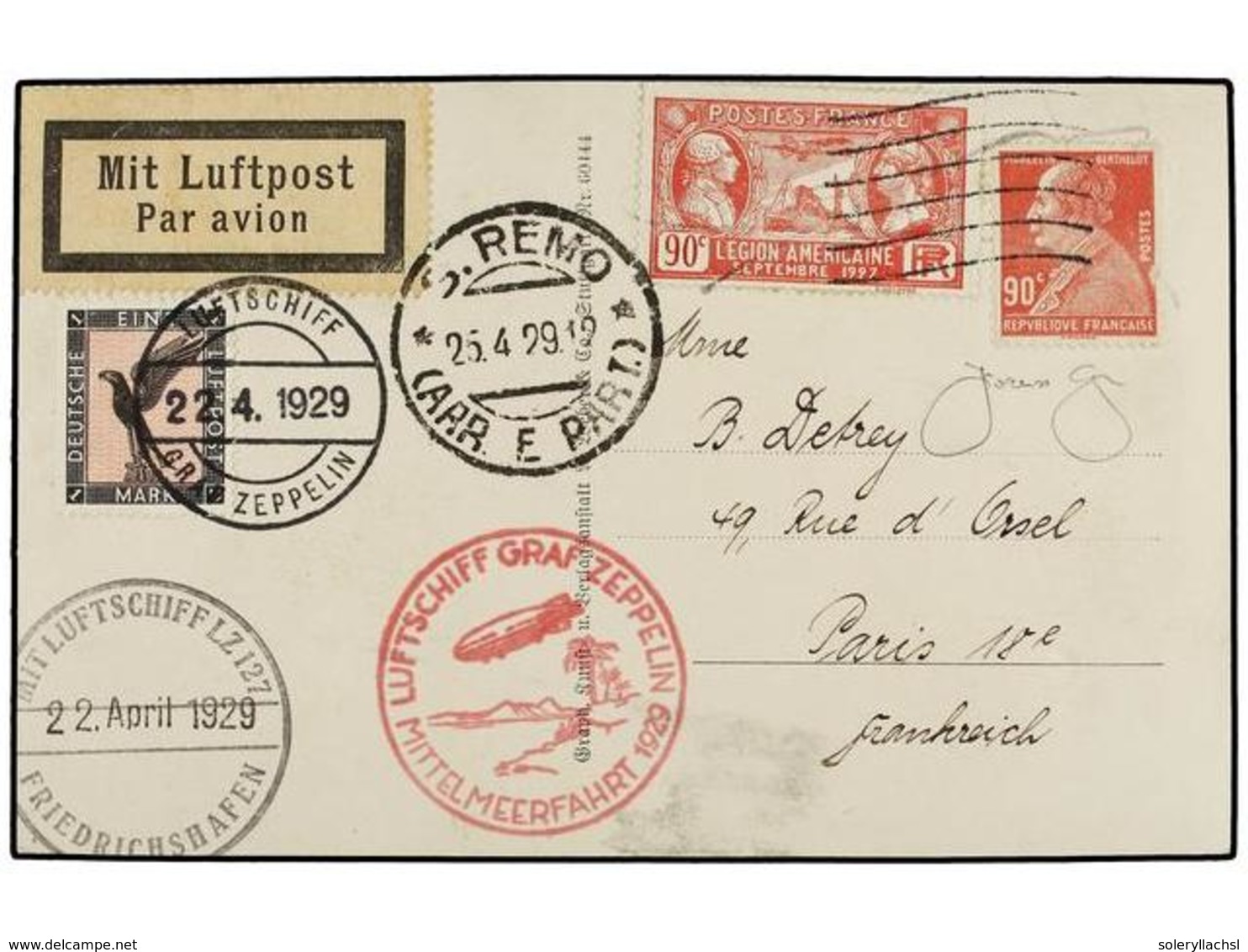 ZEPPELIN. 1929 (Abril). Tarjeta Postal Del Zeppelin LZ 127 Desde FRANCIA Con Dos Sellos De 90 Cts. (uno Defecto) Embarca - Andere & Zonder Classificatie