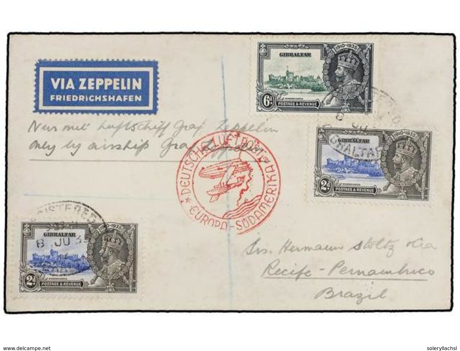 ZEPPELIN. 1935. GIBRALTAR To BRAZIL. 2 D. (2) And 6 D. Cancelled With Oval REGISTERED/GIBRALTAR Sent Via GRAF ZEPPELIN.  - Andere & Zonder Classificatie