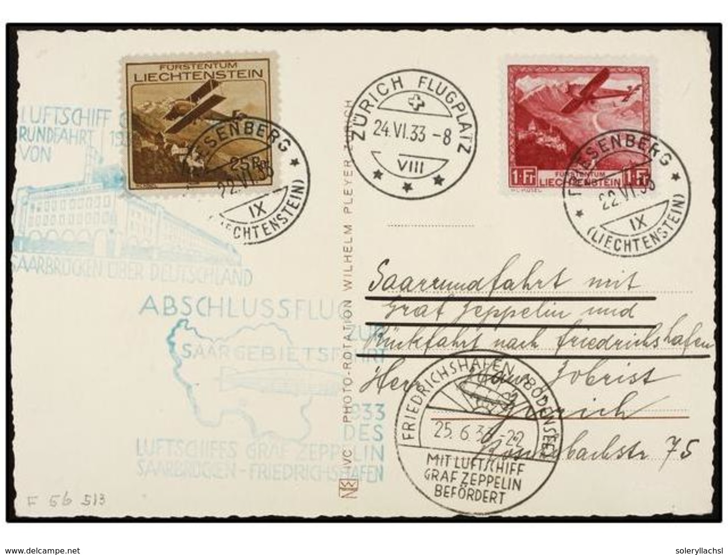 ZEPPELIN. 1933 (22 VI). LIECHTENSTEIN. Post Card Franked With 25 Rp. And 1 Fr. Liechtenstein Stamps Send With GRAF ZEPPE - Sonstige & Ohne Zuordnung