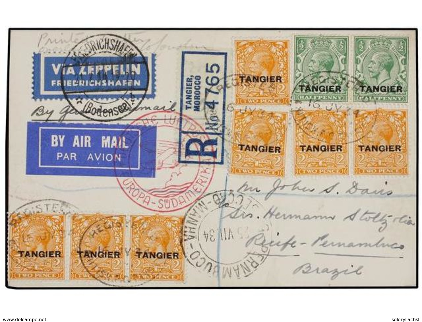 ZEPPELIN. 1934. TANGIER To BRAZIL. Franked With GB 1/2 D. (2) And 2 D. (7) Cancelled With Oval REGISTERED/TANGIER Sent V - Sonstige & Ohne Zuordnung