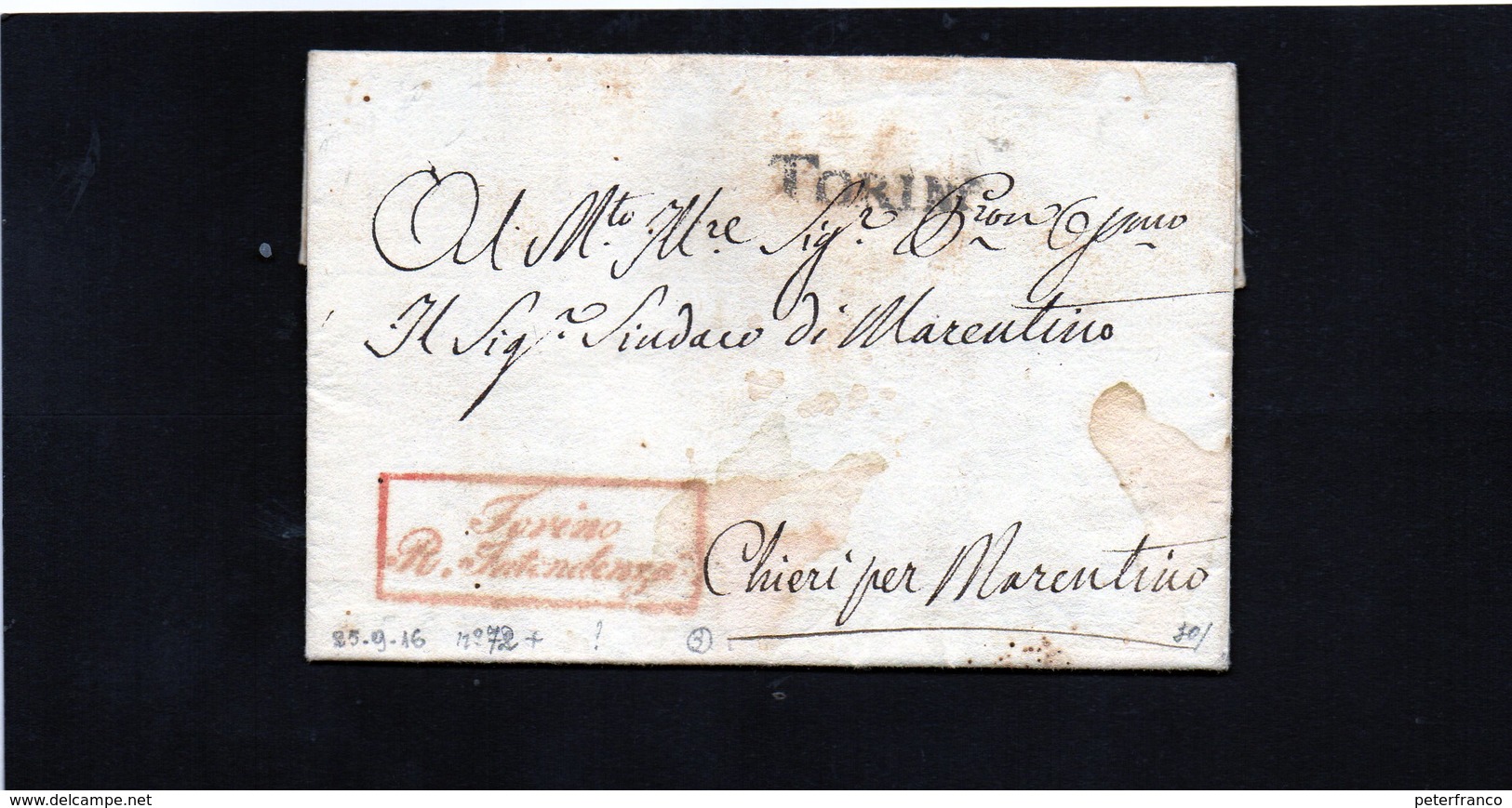 CG17 - Lett. Da Torino X Chieri-Marentino 25/9/1816  - Bollo Stamp. Dir. Nero + Bollo Amm.vo In Riquadro Rosso R.Intende - 1. ...-1850 Prefilatelia