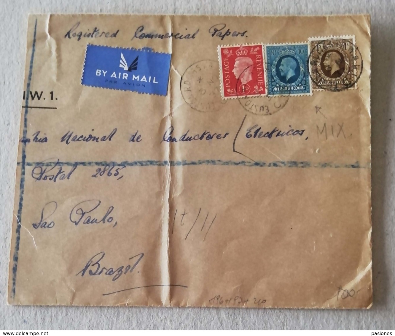 Busta Di Lettera Registrata Per Via Aerea Londra-San Paolo (Bra) - Anno 1937 Affrancatura Mista Due Re - Storia Postale