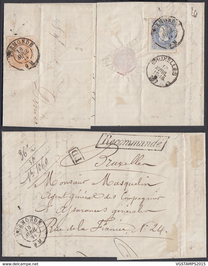 BELGIQUE COB 31+33 AU VERSO D UNE LETTRE RECOMMANDE DE TERMONDE 18/04/1874 TRIPLE PORT (DD) DC-7144 - 1869-1883 Leopold II.