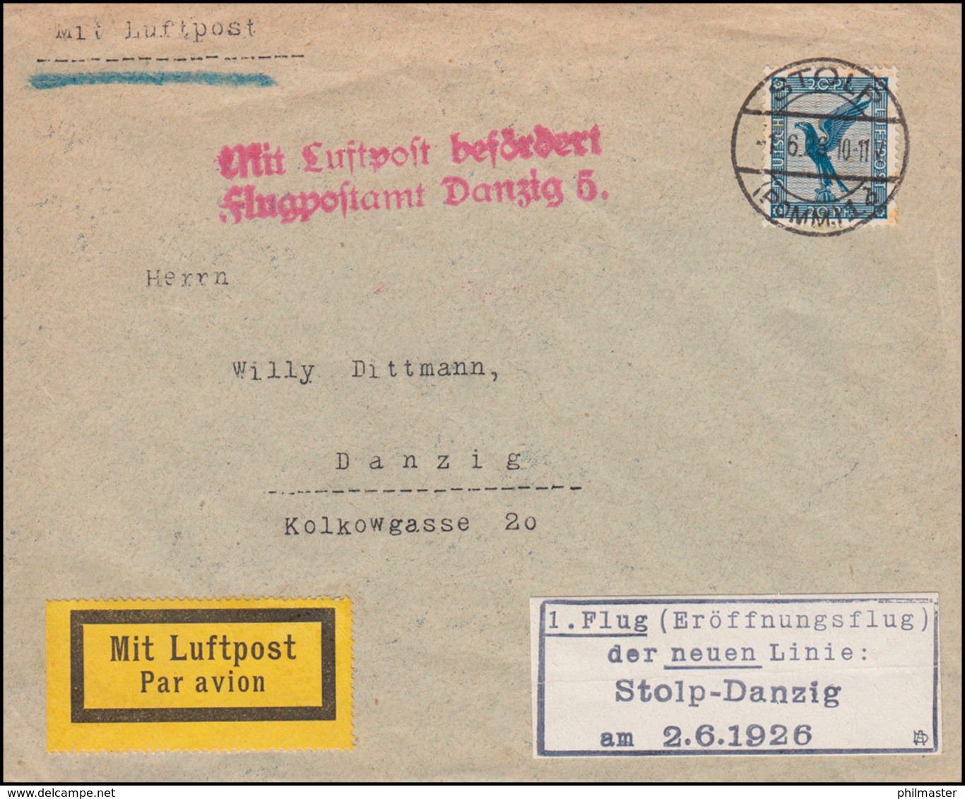 Erstflug Stolp-Danzig Brief 1.6.1926 Mit Luftpost Befördert Flugpostamt Danzig - Other & Unclassified