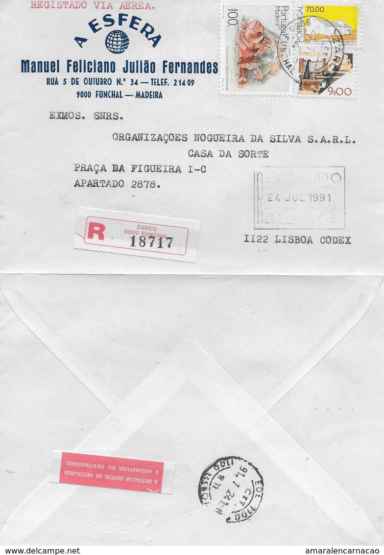 TIMBRES - STAMPS- LETTRE RECOMMANDÉ - MARCOPHILIE - PORTUGAL - CACHET 23-07-1991- ZARCO - FUNCHAL (MADEIRA) - Lettres & Documents