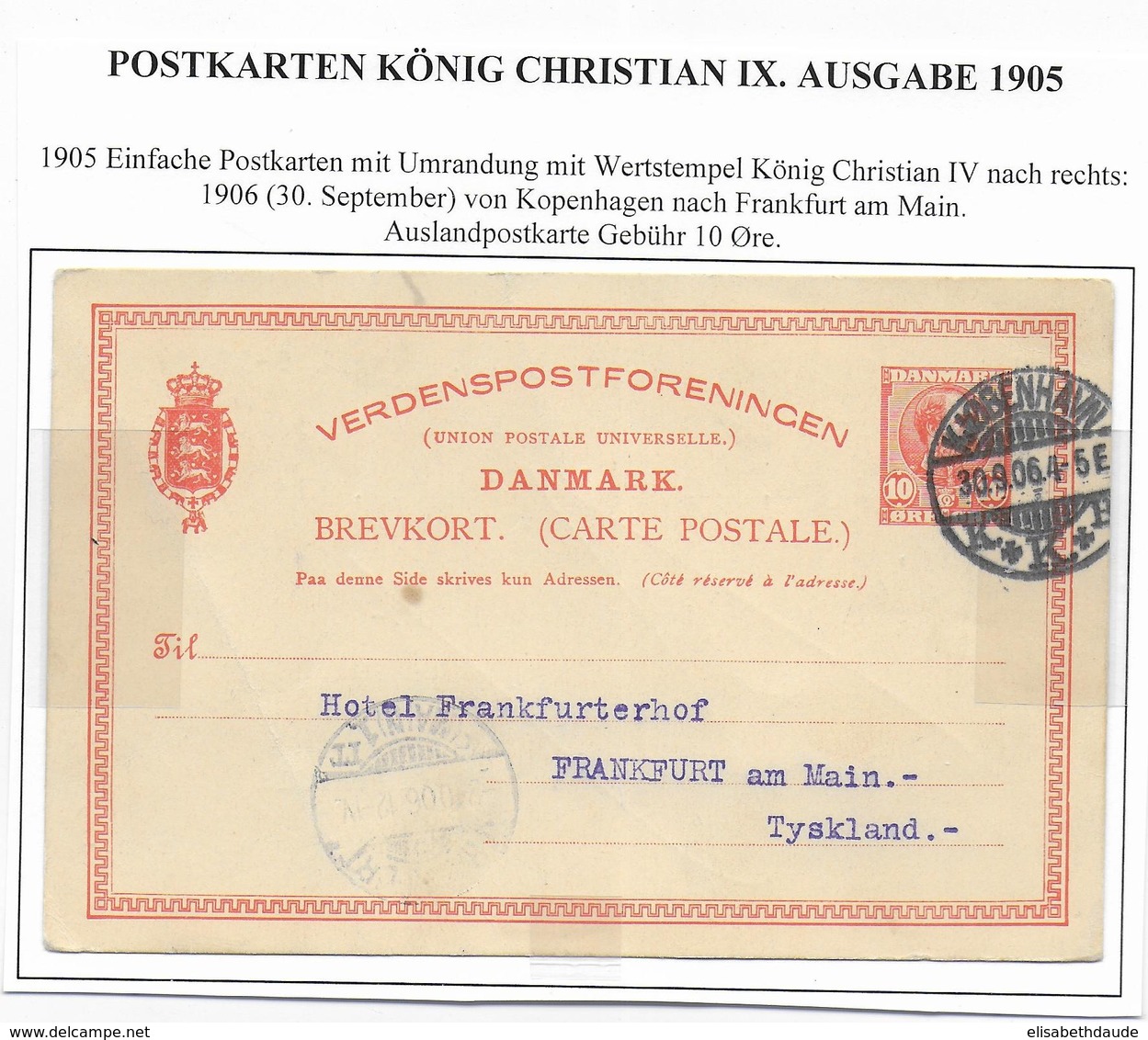 DANEMARK - 1905 - CP ENTIER TYPE CHRISTIAN IX  De COPENHAGUE => FRANKFURT (GERMANY) - Postwaardestukken