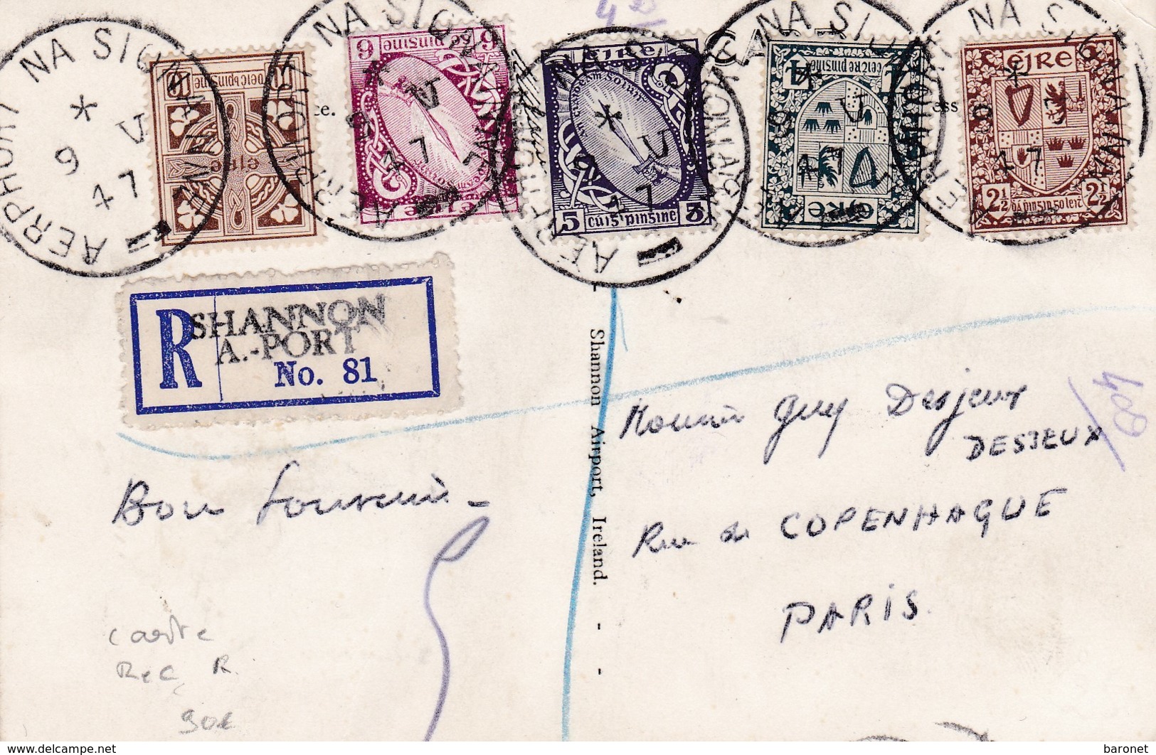 C.P. Recommandé T.P. Ob Aerphort Na Sionainne 9 V 47 + Etiquette R Shannon A. Port, C.P. Pour Paris - Storia Postale