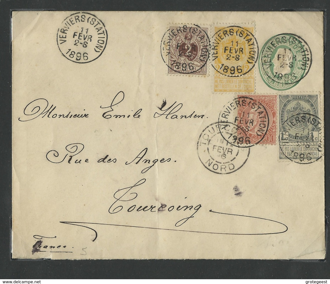 N°44-53-54-57 En Affr. Complémentaire Sur E.P. Env. 10c.(Em. 1869)  Obl. Sc VERVIERS (Station) Le 11 Février 1896 Vers T - Covers