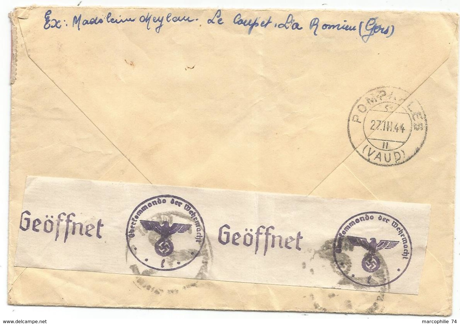 PETAIN 1FRX4 1 REPLIE LETTRE FACTEUR BOITIER LA ROMIEU 13.3.44 GERS POUR SUISSE + CENSURE NAZI - 1941-42 Pétain