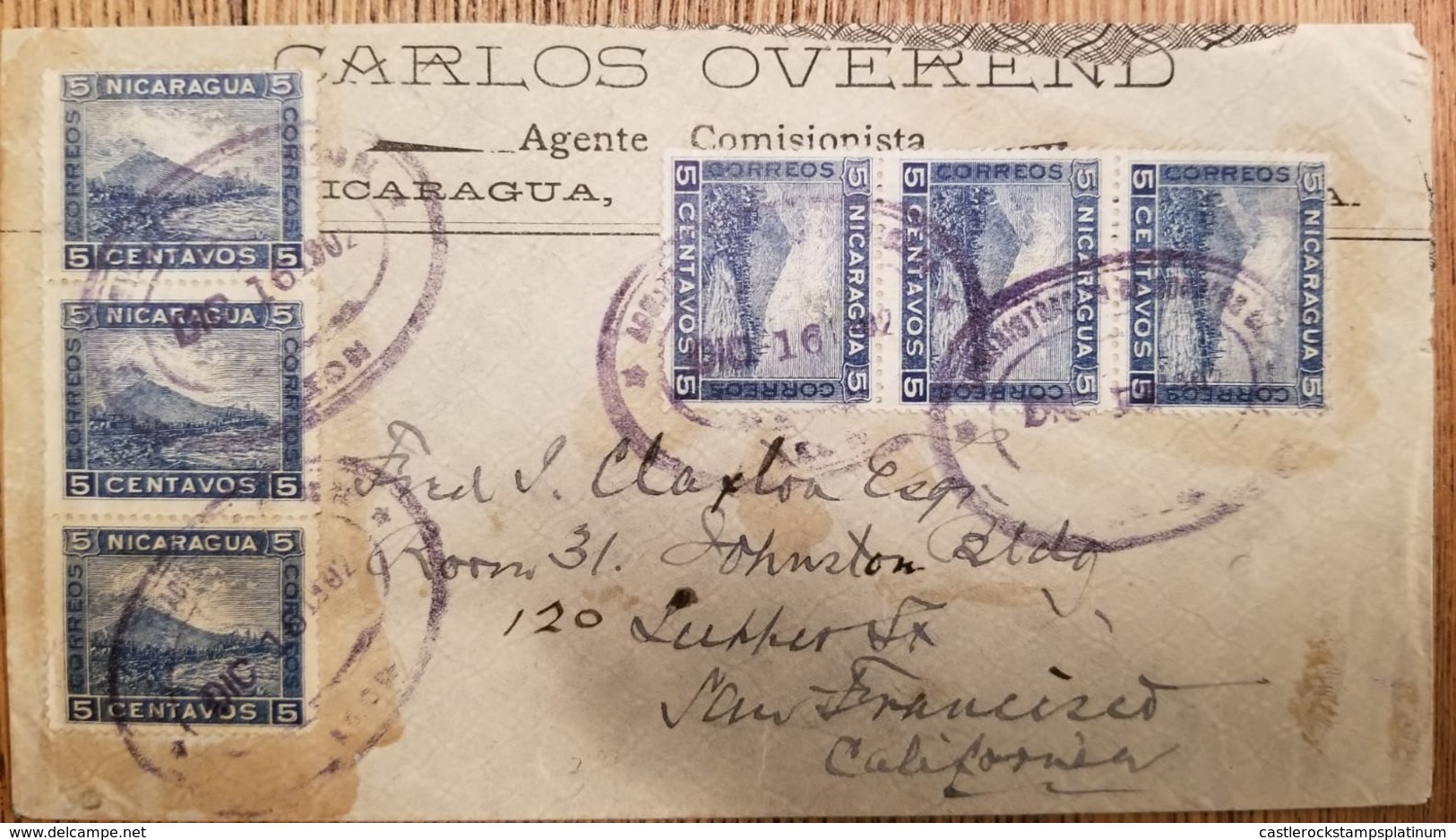 O) 1910 NICARAGUA, MT MOMOTOMBO  SC 125 5c- LANDSCAPE, CARLOS OVEREND, TO CALIFORNIA, XF - Nicaragua