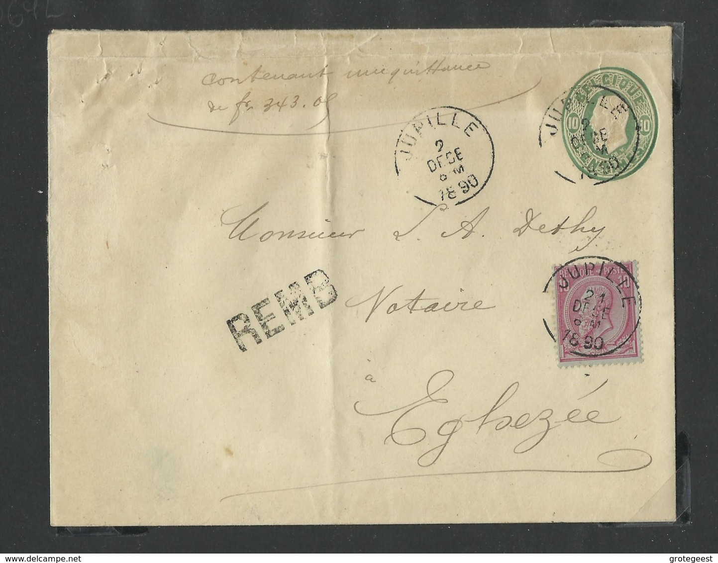 N°46 - 10 Centimes En Affr. Compl. Sur E.P. Env. 10c.(Em. 1869)  Obl. Sc JUPILLE Le 2 Décembre 1890 + Griffe REMB (remb - Enveloppes