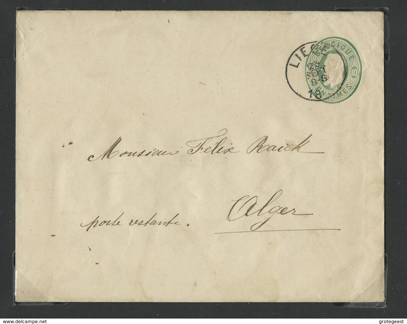 E.P. Env. 10c.(Em. 1869)  Obl. Sc LIEGE Le 23 Septembre 1893 Vers Alger (Algérie 26/09) En Poste Restante, Via Marseille - Sobres