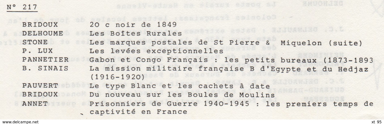Les Feuilles Marcophiles - N°217 - Voir Sommaire - Frais De Port 2€ - Philatélie Et Histoire Postale