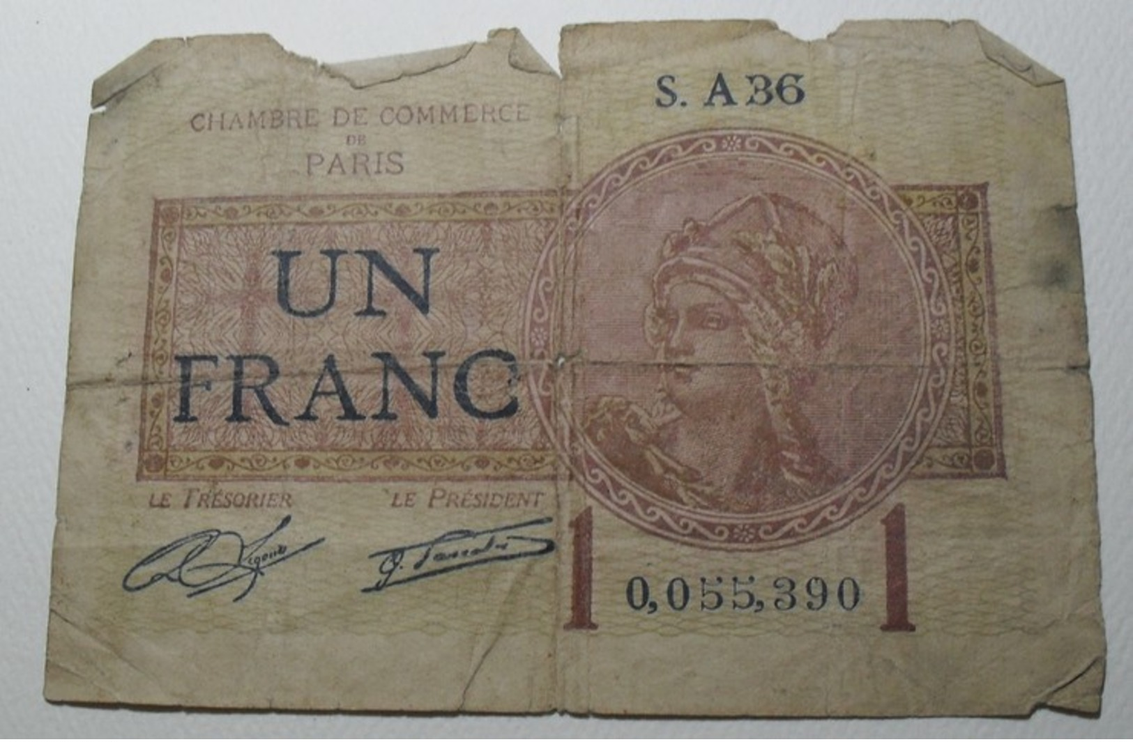 1919/21 - France - UN FRANC, Chambre De Commerce De Paris - S. A 36 - 0,055,390 - Chambre De Commerce