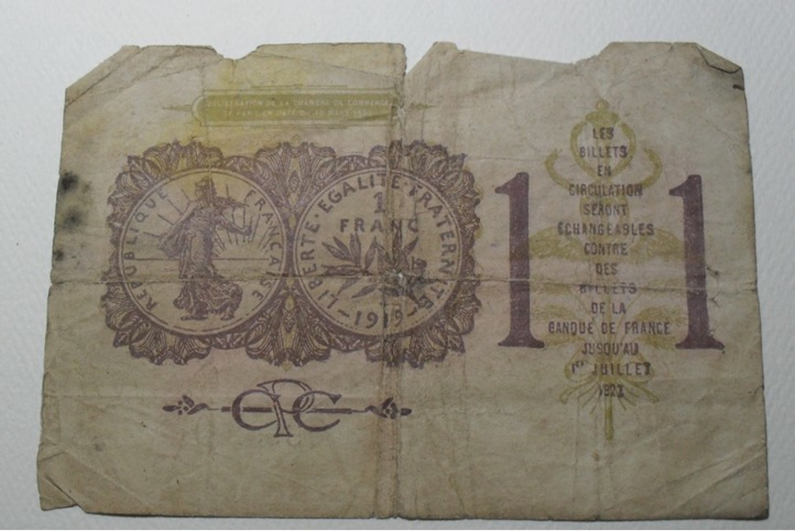 1919/21 - France - UN FRANC, Chambre De Commerce De Paris - S. A 36 - 0,055,390 - Chamber Of Commerce