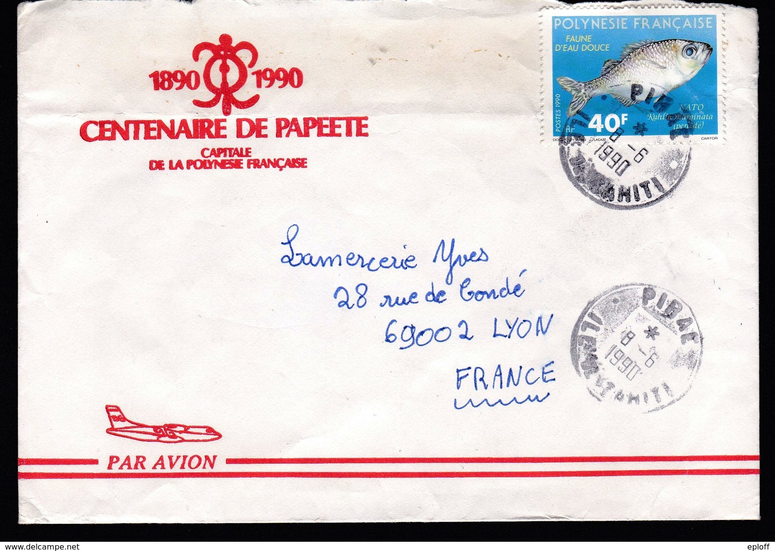 POLYNESIE FRANCAISE 1990    Enveloppe Centenaire De Papeete 1890 1990 Sur Faune D'eau Douce : Kuhlia Marginata - Used Stamps