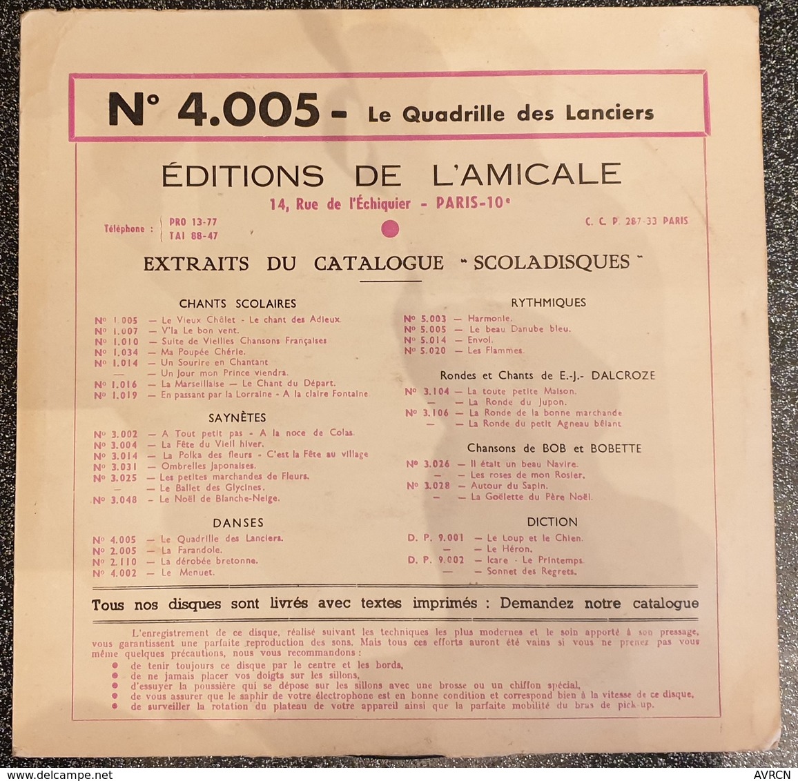 Disque Vinyle 33 Tours 25cm N° 4.005- LE QUADRILLE DES LANCIERS… SCOLADISQUES - Kinderlieder
