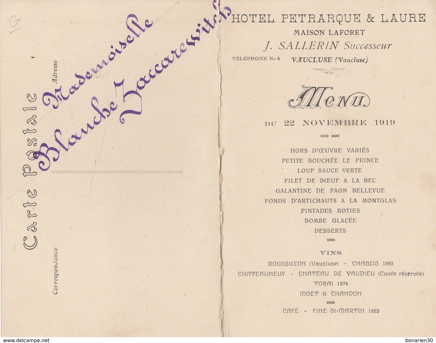 DOUBLE CPA 84 FONTAINE DE VAUCLUSE  MENU HOTEL PETRARQUE 1919 - Altri & Non Classificati