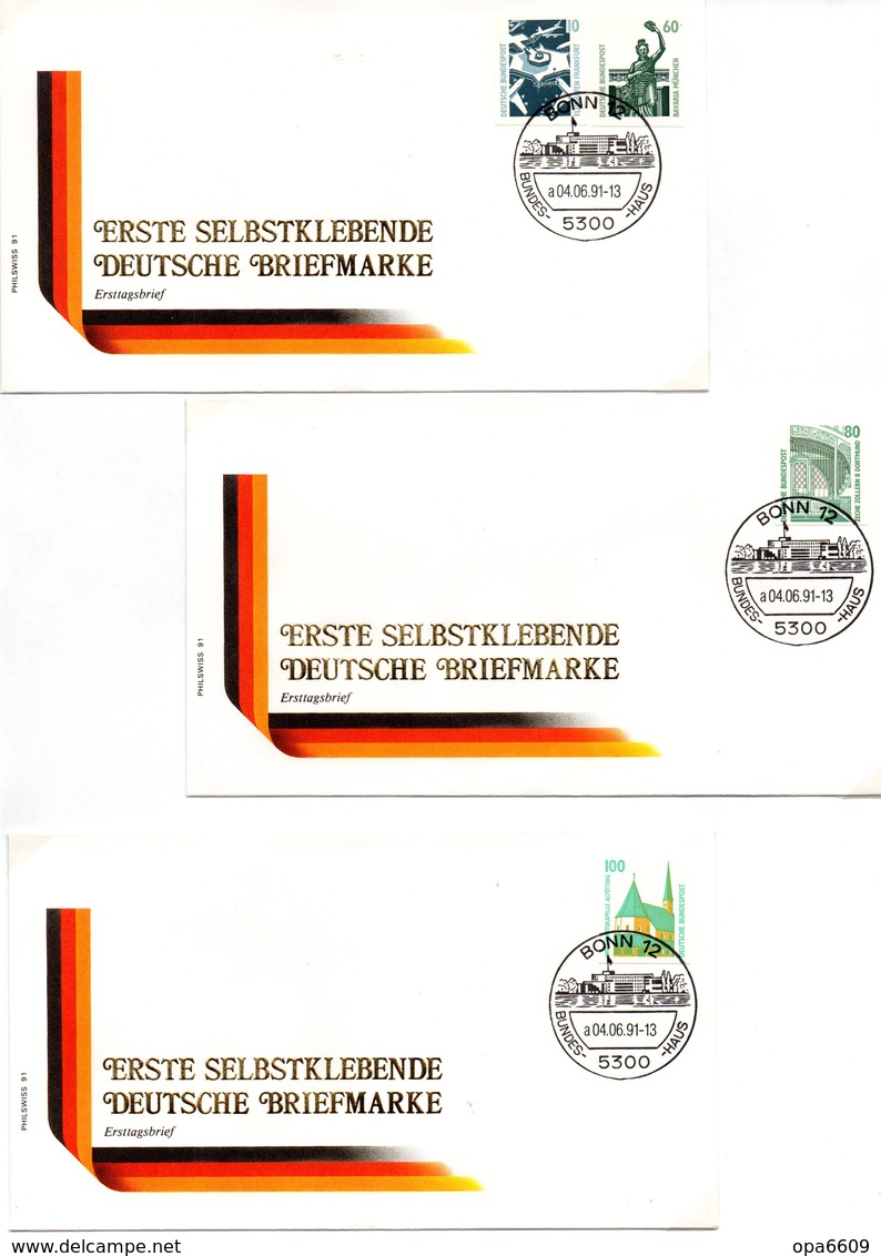 BRD 3 Sonderumschläge ERSTE SELBSTKLEBENDE DEUTSCHE BRIEFMARKE "Sehenswürdigkeiten", Mi 1531/34 ESSt Mai 1991 BONN 12 - Autres & Non Classés