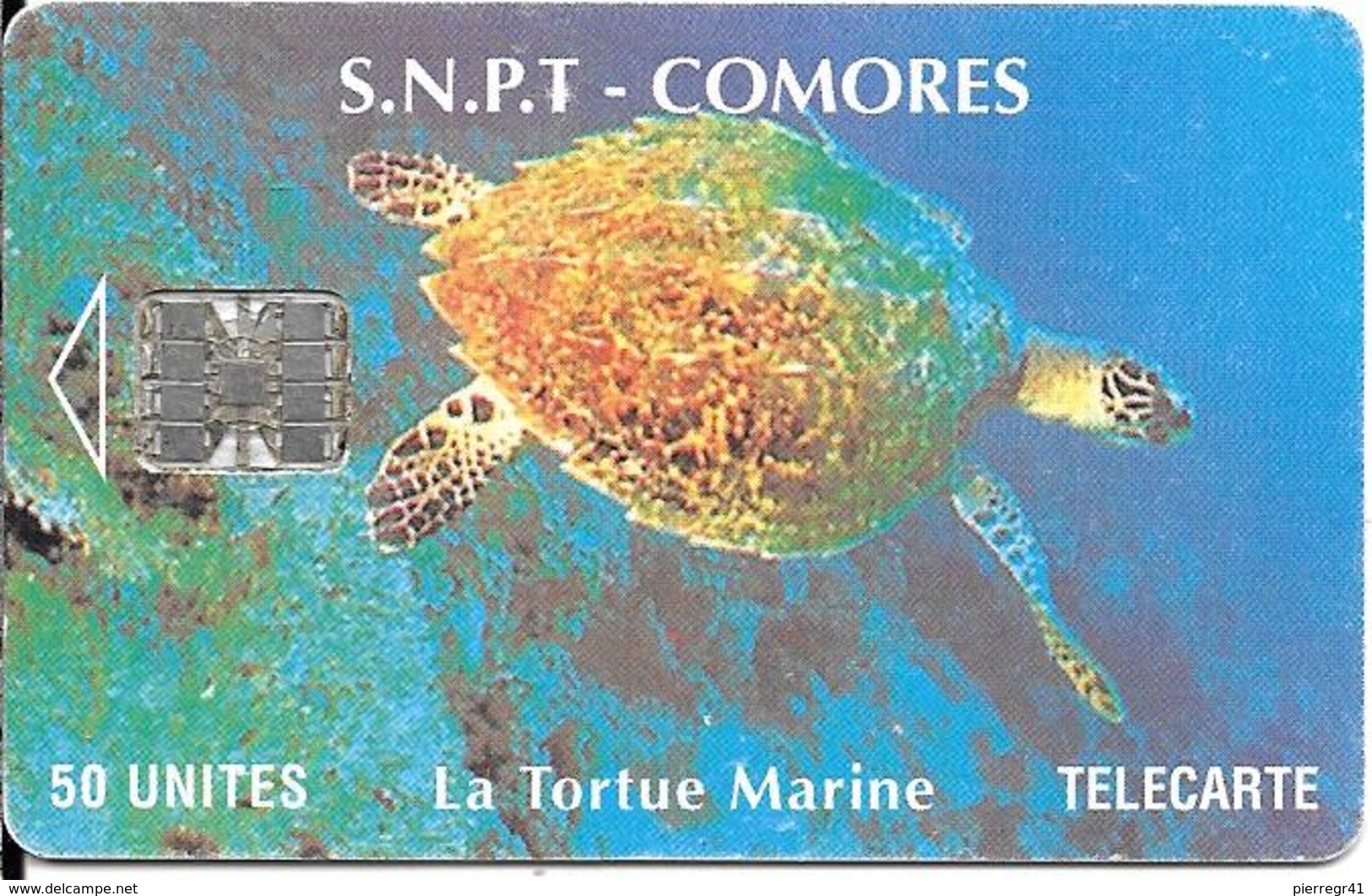 CARTE-PUCE-50U-SC7-SNPT COMORES-TORTUE MARINE-UTILISE-V°8 N°ROUGE 00005725 V°en Bas A Droite-TBE - Schildpadden