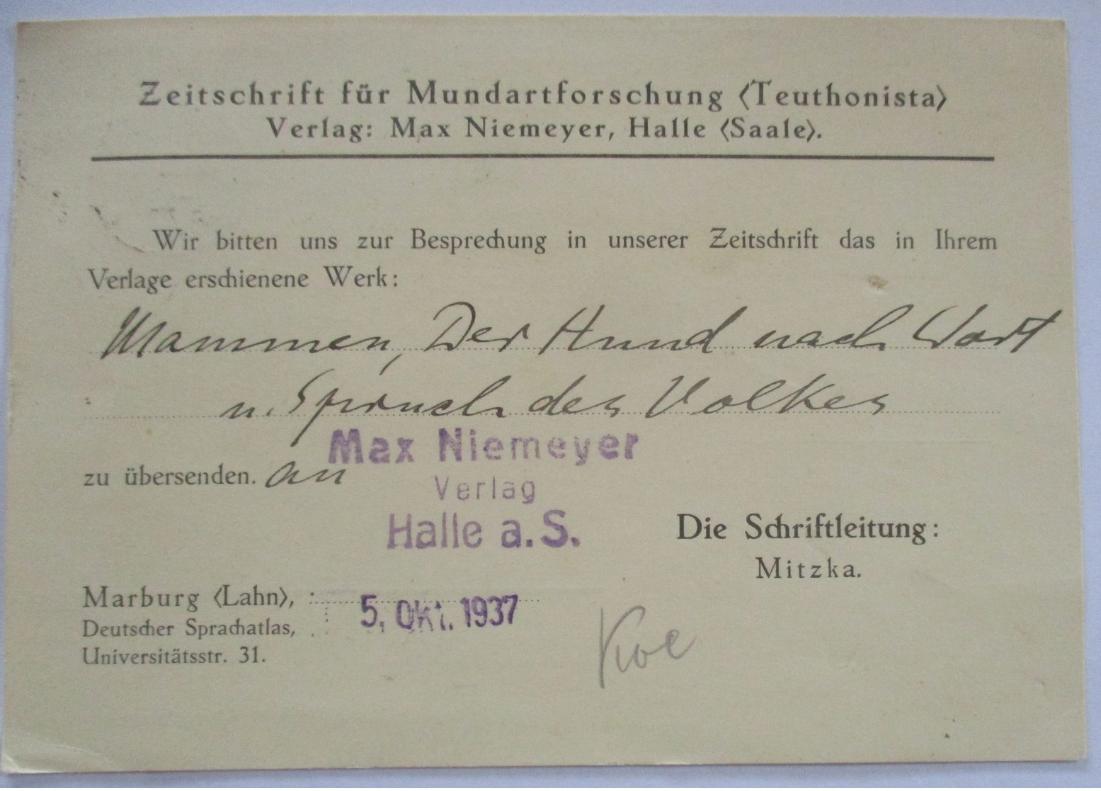 Mundart Werbung Mundartforschung Teuthonista Halle Saale 1937 (1775) - Non Classés