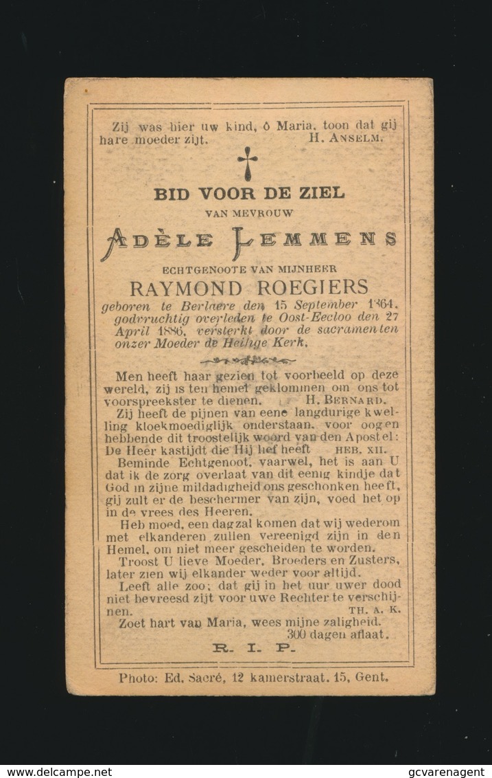 ADELE LEMMENS  BERLARE 1864  OOST EEKLO 1886 - Décès