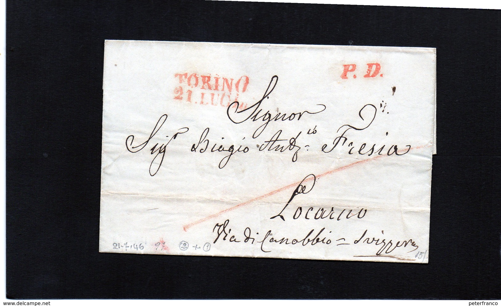 CG17 - Lett. NO TESTO Da Torino X Locarno 21/7/1846 - Bollo Stamp. Diritto Con Data E P.P: Tutti Rossi - ...-1850 Voorfilatelie