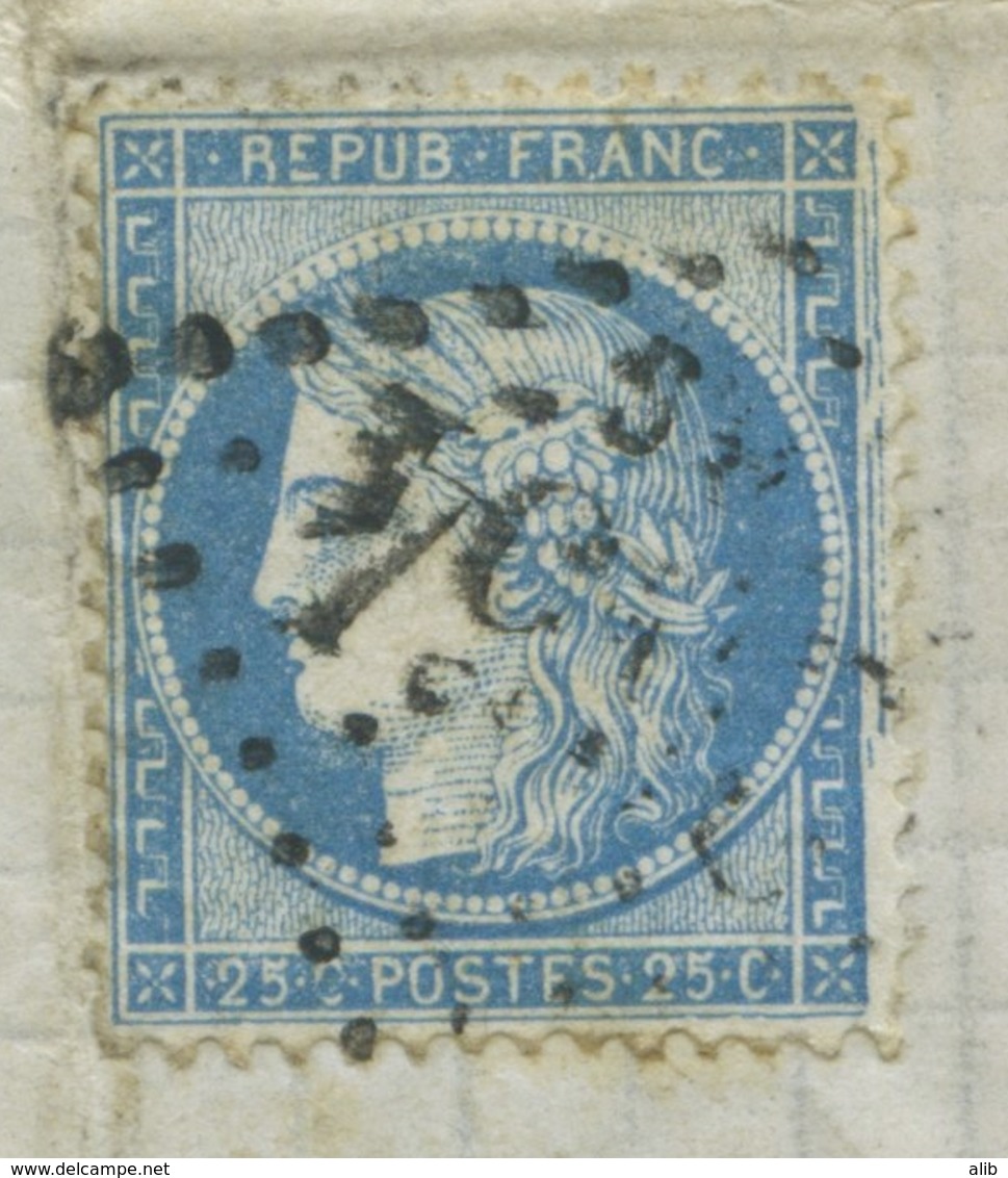 Cérès 25c Bleu Type I No60a. Gros Chiffre 2654BG. Cadre à Droit Manquant Et Double. Convoyeur Station Autun A Nevers - 1849-1876: Classic Period