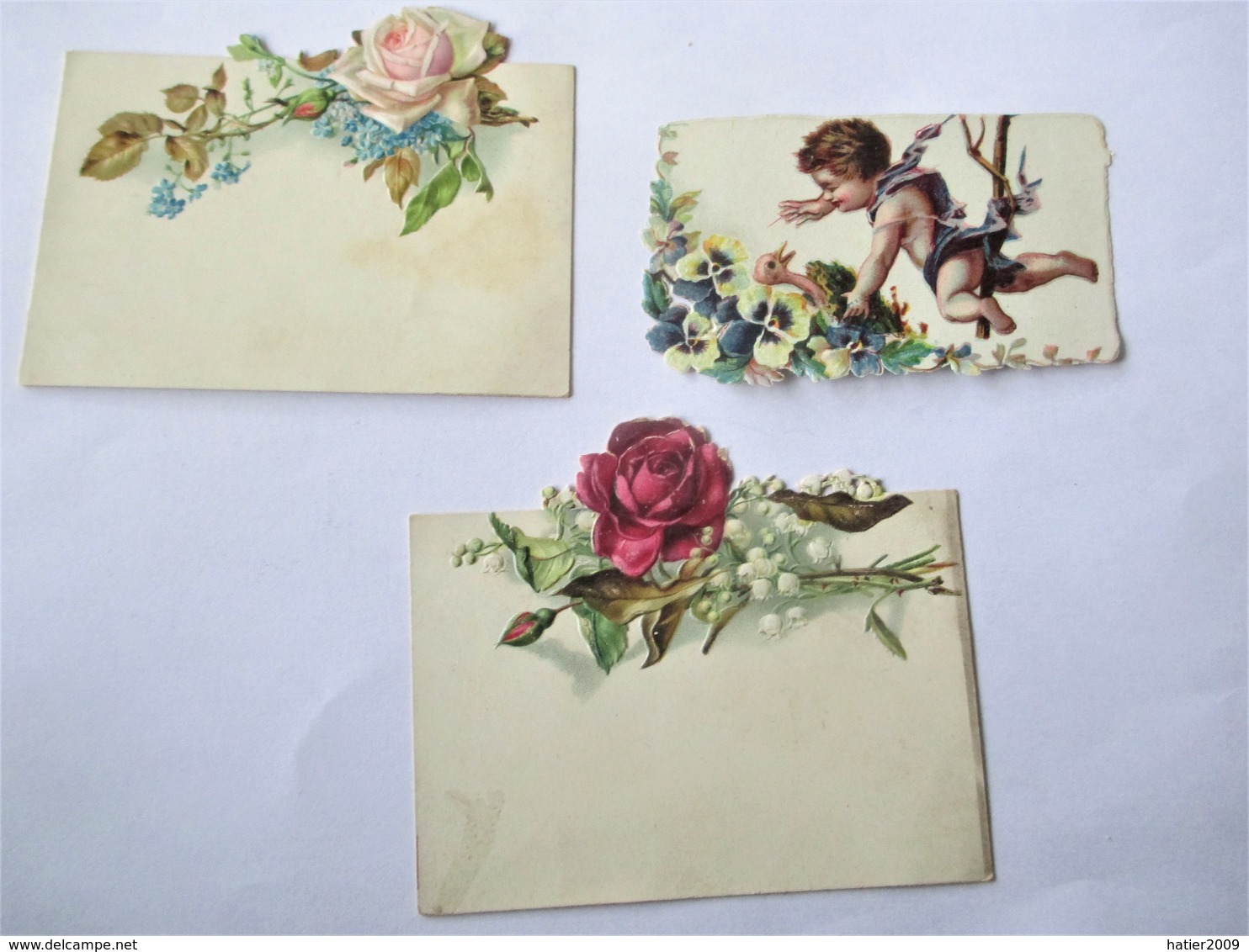 Aniens CHROMO DECOUPI_lot De 3 Pieces_Ange Au Dessus Nid Fleuri Avec Oisillon Et Fleurs Roses Muguet Myosotis_TBE - Ragazzi