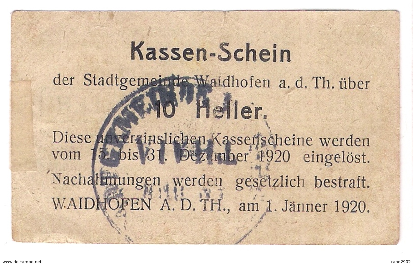 Österreich Austria Notgeld 10 HELLER FS1125I WAIDHOFEN /192M/ - Autriche