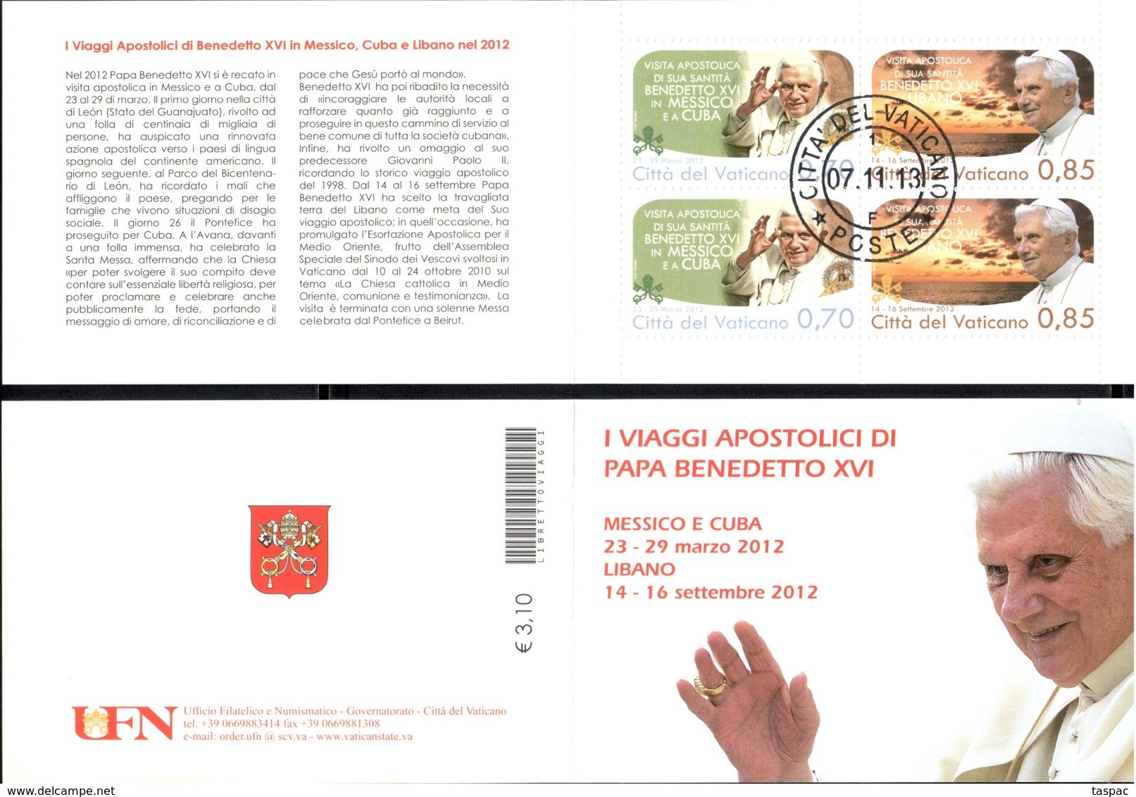 Vatican 2013 Mi# Booklet MH 22 (with Mi# 1790-1791) Used - Pope's Travels In 2012 - Usados