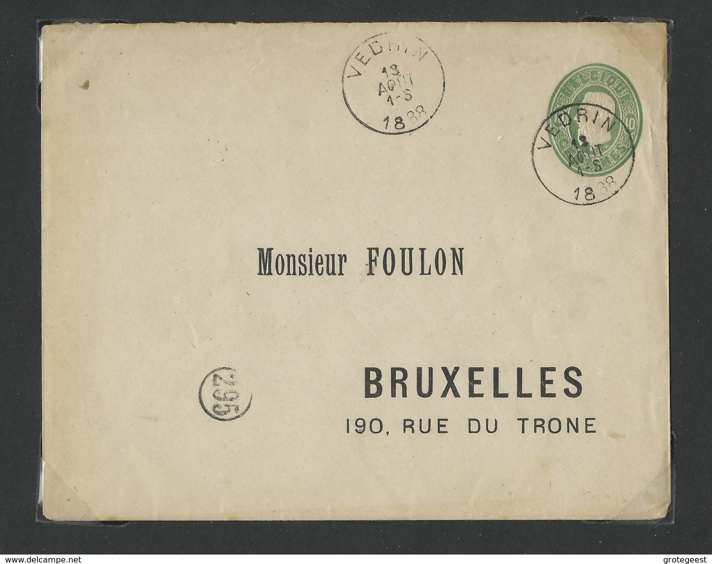 E.P. Env. 10c.(Em. 1869)  Obl. Sc VEDRIN Le 13 Août  1888 Vers Bruxelles - W0647 - Buste