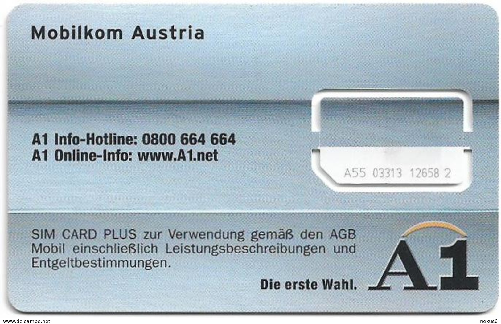 Austria - Mobilkom - A1  Sim Card Plus (Type#2), GSM SIM2 Mini, Mint - Austria