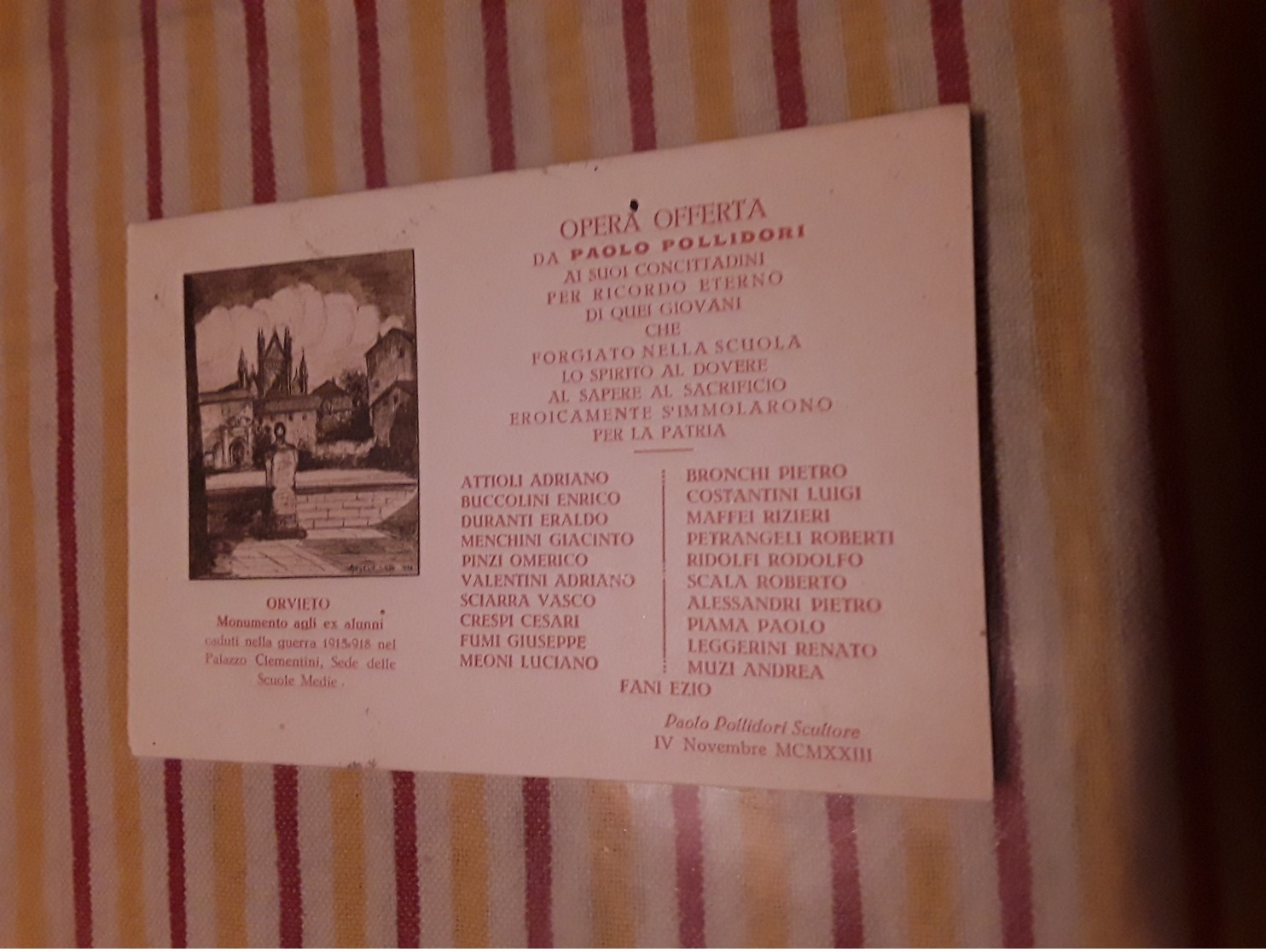 Cartolina Postale 1933, Orvieto, Monumento Agli Ex Alunni, Palazzo Clementini, Opera Di Paolo Pollidori - Terni