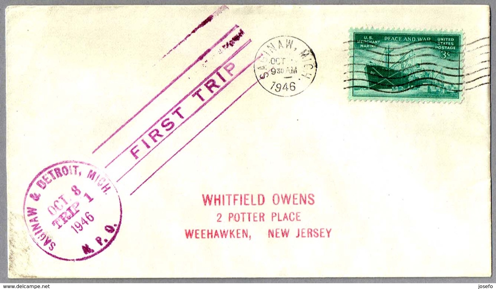 FIRST TRIP Highway Post Office: SAGINAW & DETROIT, MICHIGAN, 8 Octubre 1946 - Correo Postal