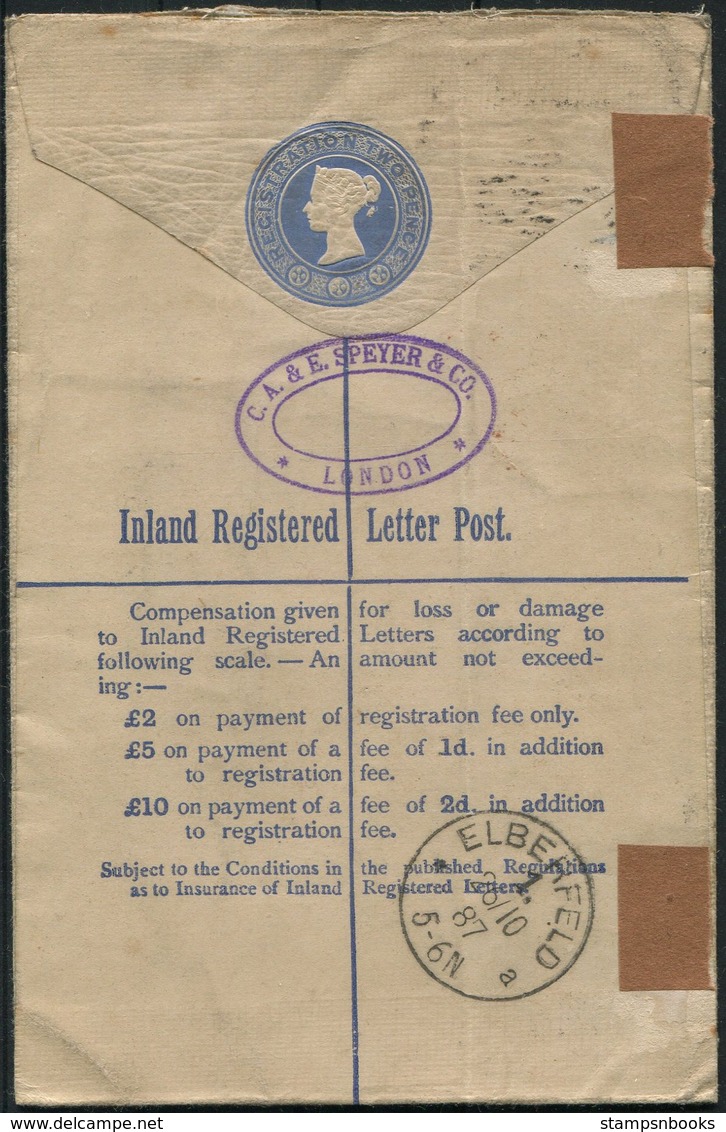 1887 GB Registered Letter Stationery, London EC - Elberfeld Germany. C.A.& E. Speyer & Co. PERFIN - Storia Postale