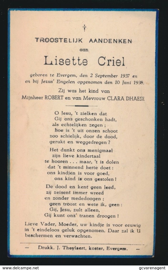 LISETTE CRIEL   EVERGEM 1937   ALDAAR OVERLEDEN  1938 - Obituary Notices