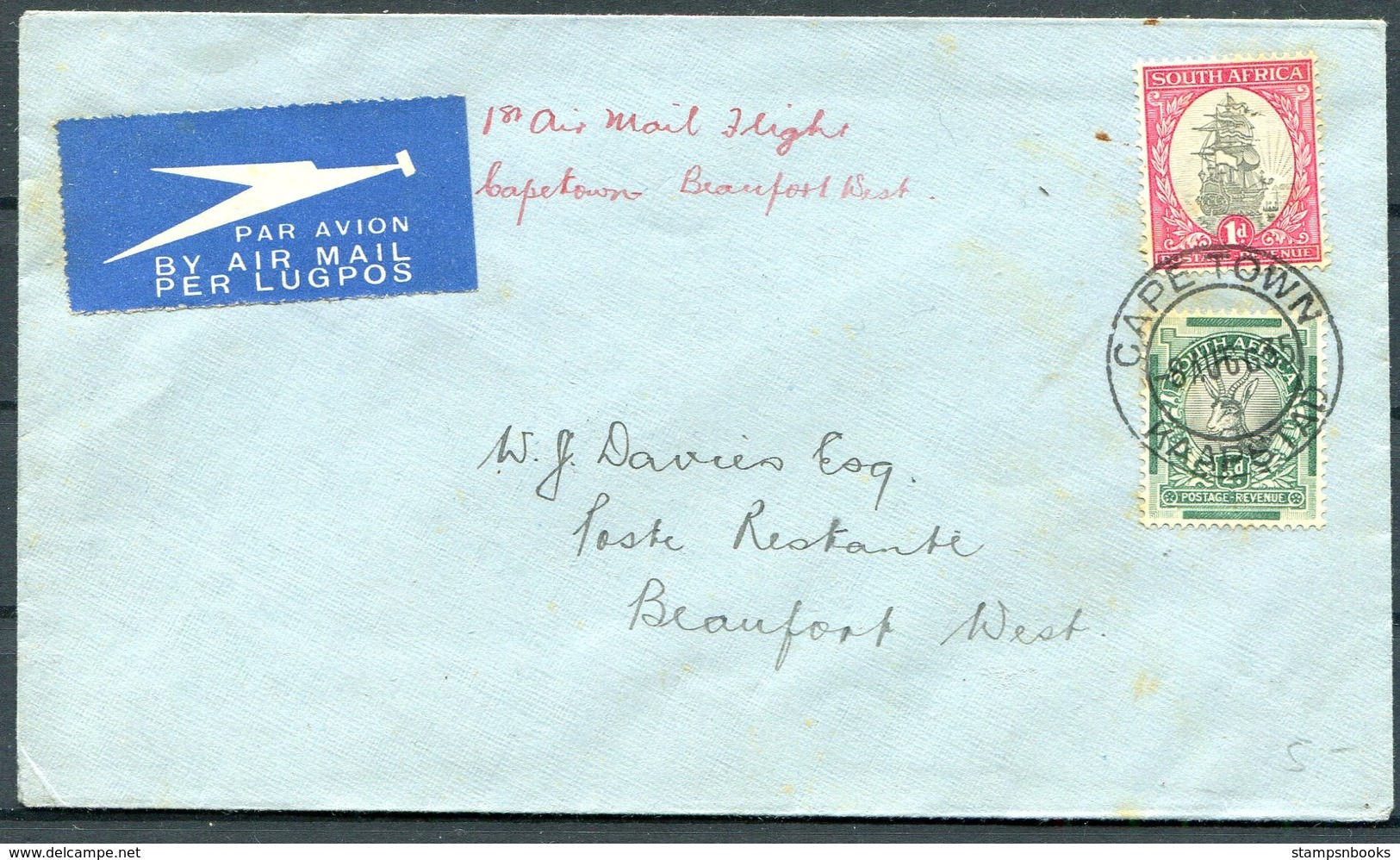 1935 South Africa, Cape Town - Beaufort West, SAA First Flight, Airmail Cover - Poste Aérienne