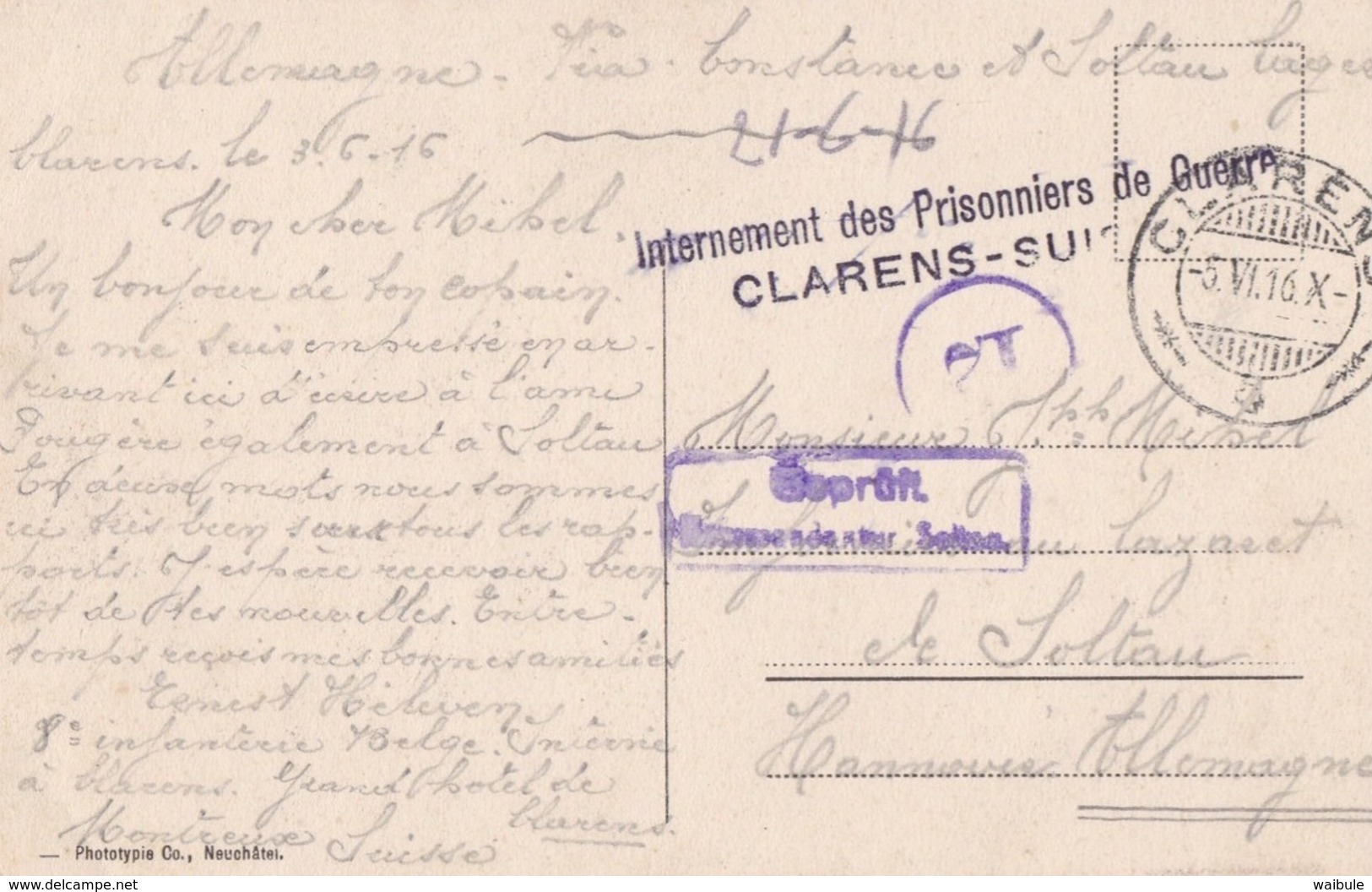 CP Soldat Militaire Belge Internement Clarens Suisse Vers Camp Soltau Cachet Censure Montreux - Guerre 1914-18