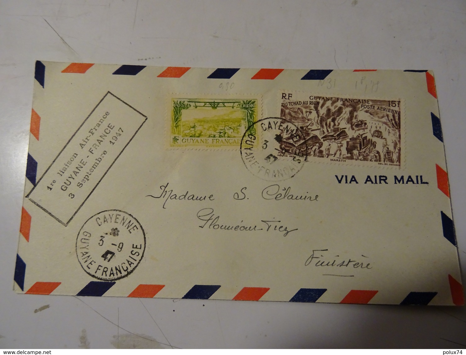 GUYANE POSTE AERIENNE 1947  I Liaison AIR FRANCE Pour Le FINISTERE - Lettres & Documents