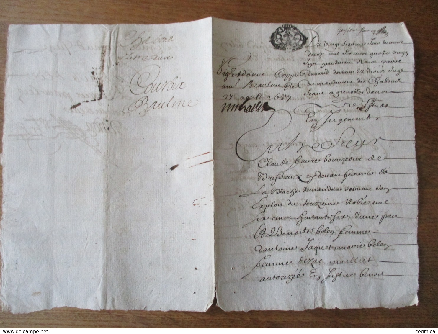 MANUSCRIT CHABONS DU 26 AOUT 1687 CACHET GENERALITE GRENOBLE - Timbri Generalità