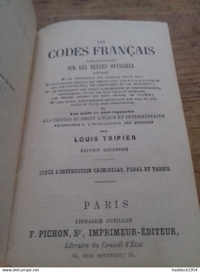 Codes Français LOUIS TRIPIER Pichon 1875 - Recht