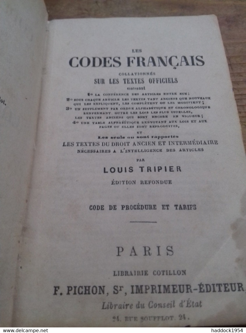 Codes Français LOUIS TRIPIER Pichon 1875 - Derecho