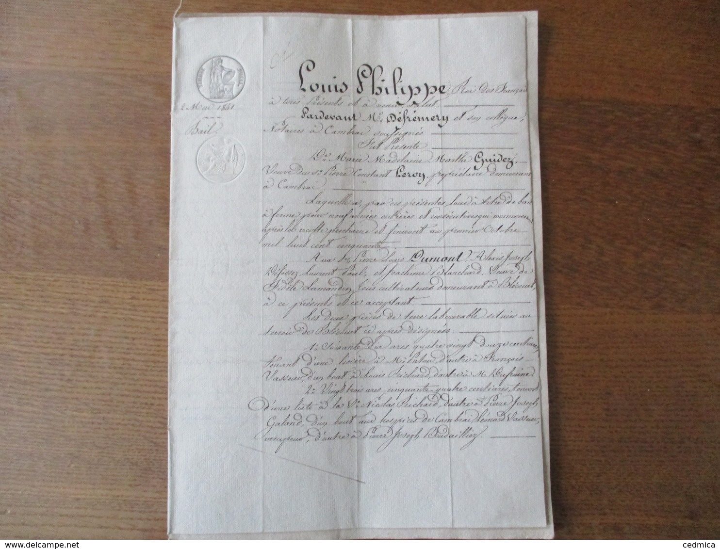 2 MAI 1841 BAIL PAR MARIE MADELEINE GUIDEZ VEUVE LEROY A CAMBRAI AUX SIEURS PIERRE LOUIS DUMONT A BLECOURT ALEXIS DEFOSS - Manuscrits