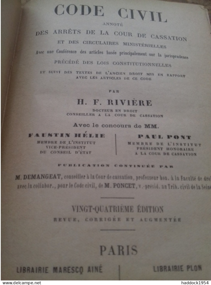 Code Civil RIVIERE Marescq Aîné 1896 - Rechts