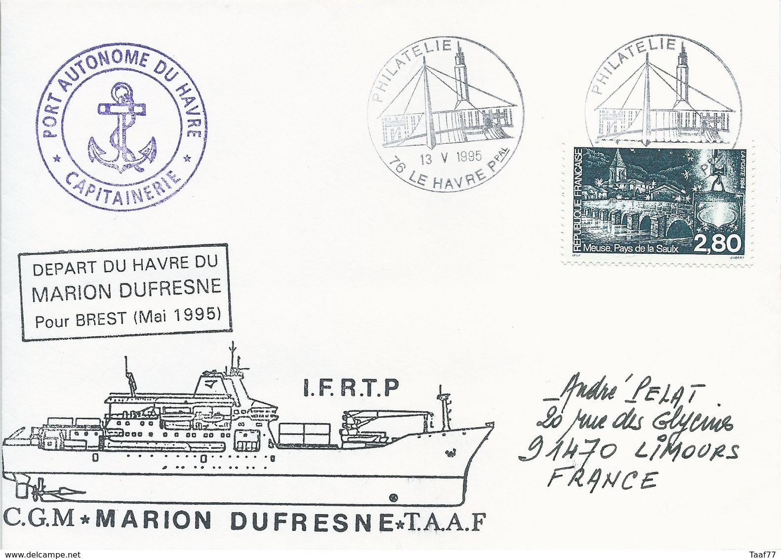 Lettre Départ Du Havre Du Marion Dufresne Pour Brest - Cachet Manuel Philatélie Le Havre Ppal - 13/05/1995 - Polar Ships & Icebreakers